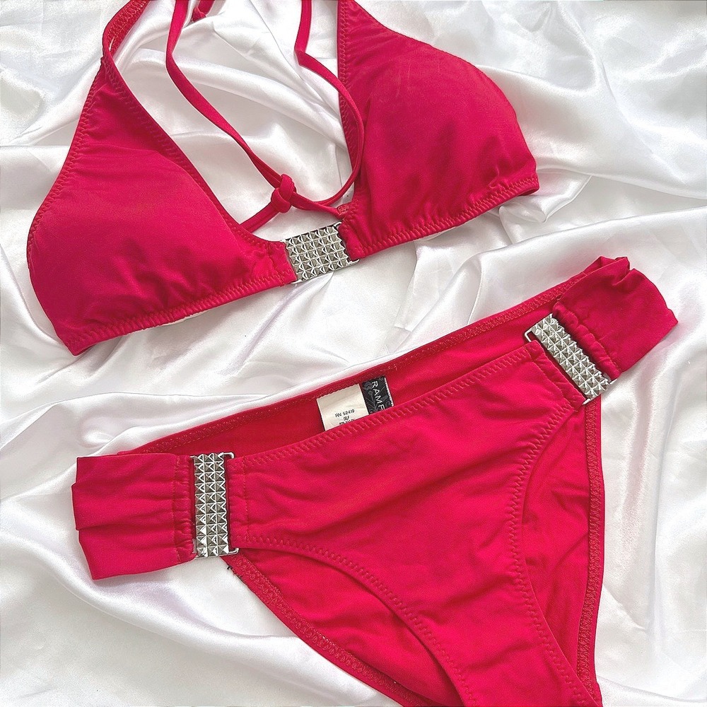 Rampage Red Studded Bikini Set Two Piece Halter Triangle Swimsuit Small